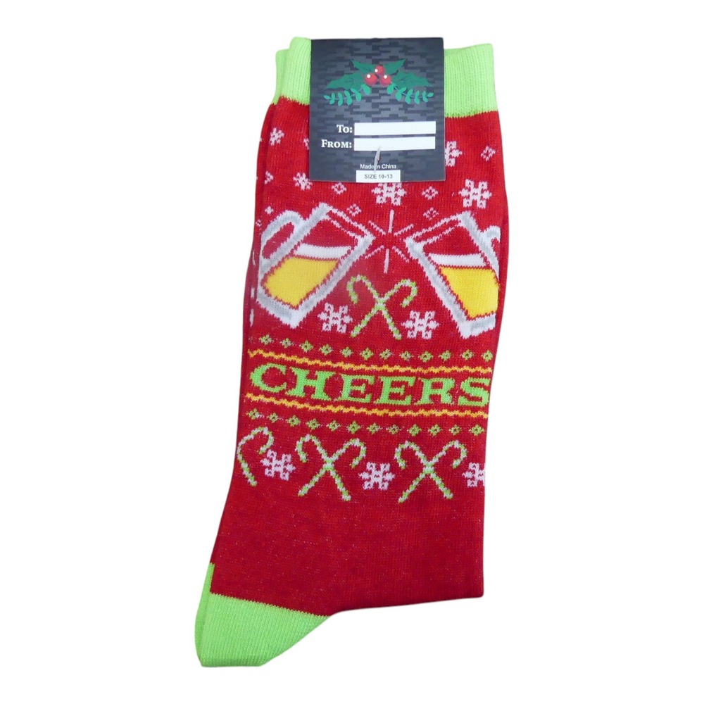 Unbranded Holiday Crew Socks Mens 10-13 Red New Cheers Beer Fair Isle